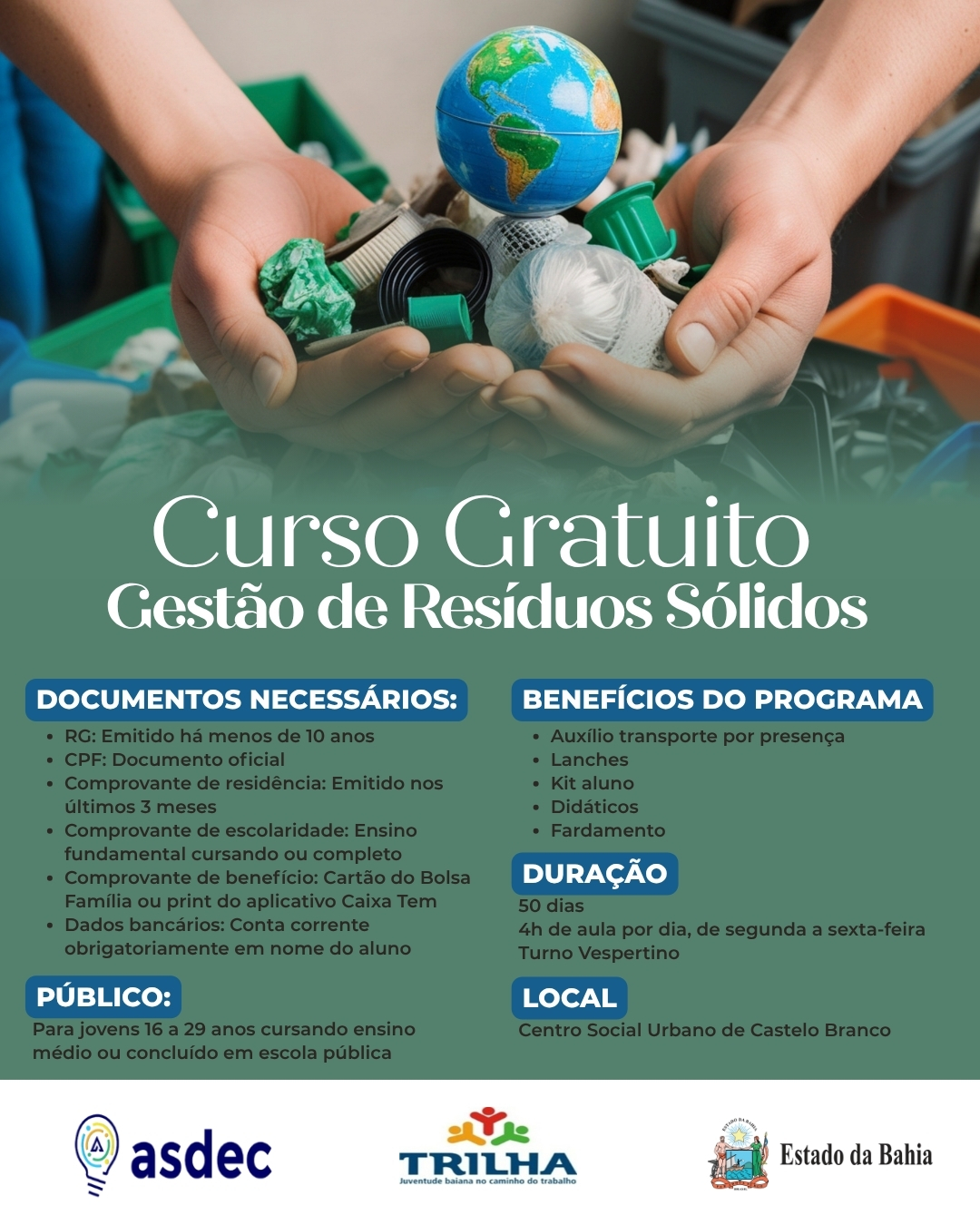 Capacitação gratuita em gestão de resíduos sólidos abre vagas para jovens de Castelo Branco