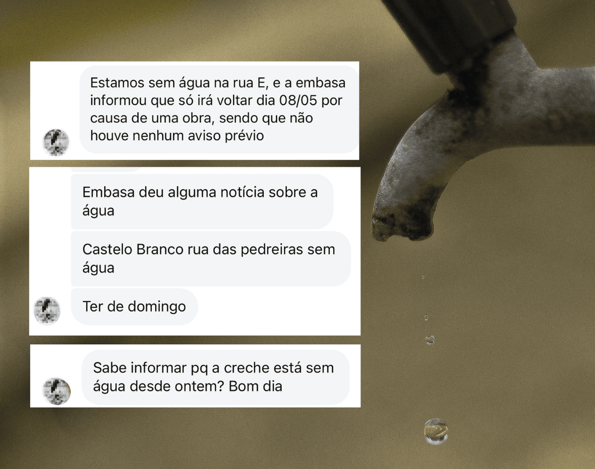 Por que estamos sem água? Moradores relatam interrupção sem aviso em diferentes etapas do bairro.